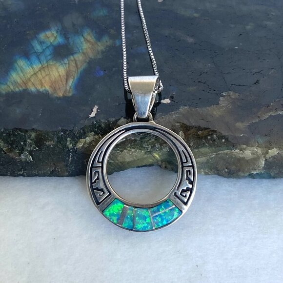 VTG Sterling Silver 925 Navajo Opal Inlay Southwest Style Pendant Necklace 18" - Picture 4 of 16